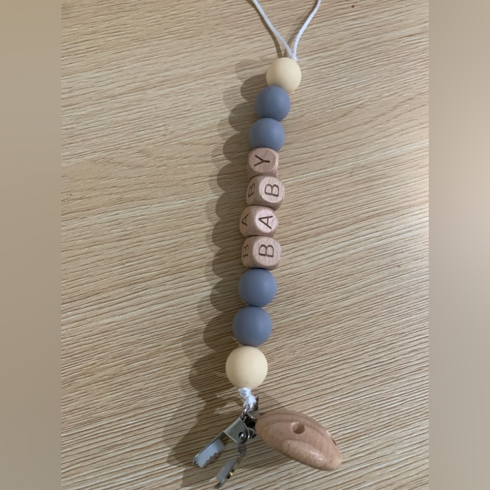 Wooden and Gray Silicone Baby Pacifier Clip